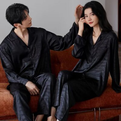 Spring autumn cardigan-style couple satin pajama set