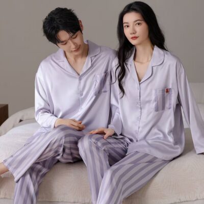 Spring autumn cardigan-style couple satin pajama set