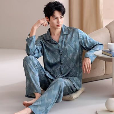 High-end men’s satin pajama set for spring and autumn