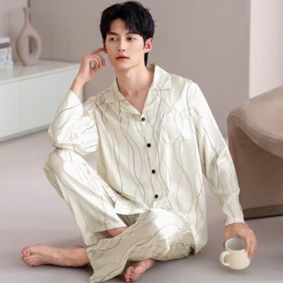 High-end men’s satin pajama set for spring and autumn