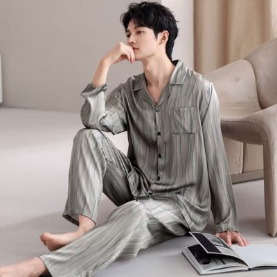 High-end men’s satin pajama set for spring and autumn