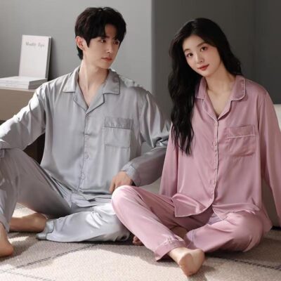 Spring and autumn couple satin pajama set
