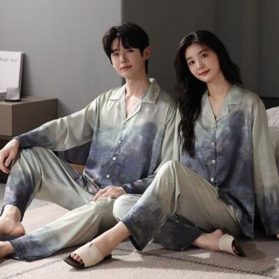 Spring and autumn couple satin pajama set