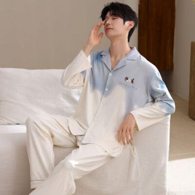 Spring autumn lapel men’s cotton pajama set