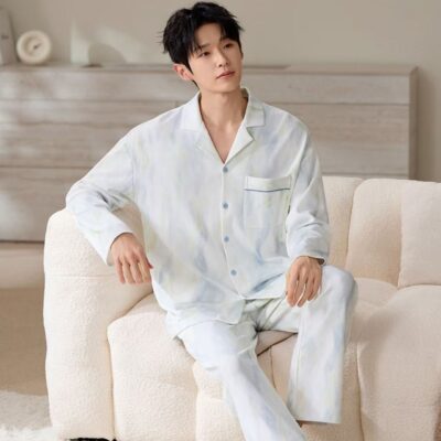 Spring autumn lapel men’s cotton pajama set
