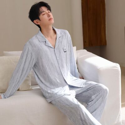 Spring autumn lapel men’s cotton pajama set