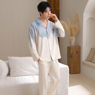 Spring autumn lapel men’s cotton pajama set