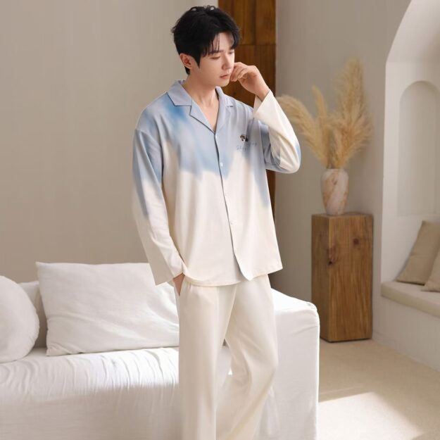 Lapel Men’s Cotton Pajama Set for Spring and Autumn (4) Spring autumn lapel men’s cotton pajama set
