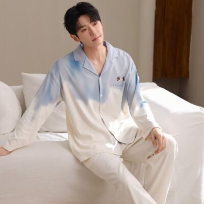 Spring autumn lapel men’s cotton pajama set