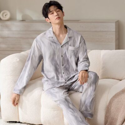 Spring autumn lapel men’s cotton pajama set