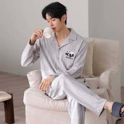 Spring autumn lapel men’s cotton pajama set