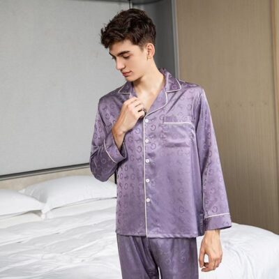 Spring autumn long-sleeve lapel couple satin pajama set