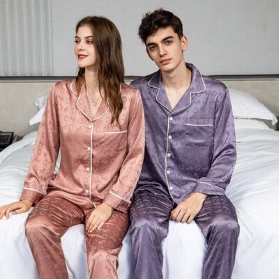 Spring autumn long-sleeve lapel couple satin pajama set