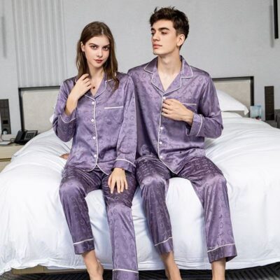 Spring autumn long-sleeve lapel couple satin pajama set