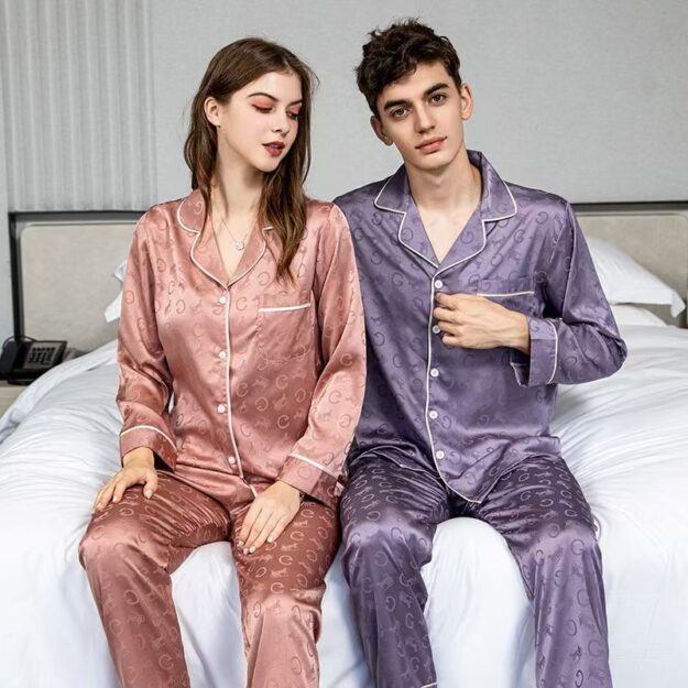 Long-Sleeve Lapel Satin Pajamas for Couples – Spring & Autumn (6) Spring autumn long-sleeve lapel couple satin pajama set