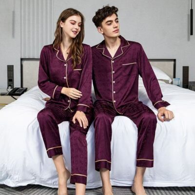 Spring autumn long-sleeve lapel couple satin pajama set