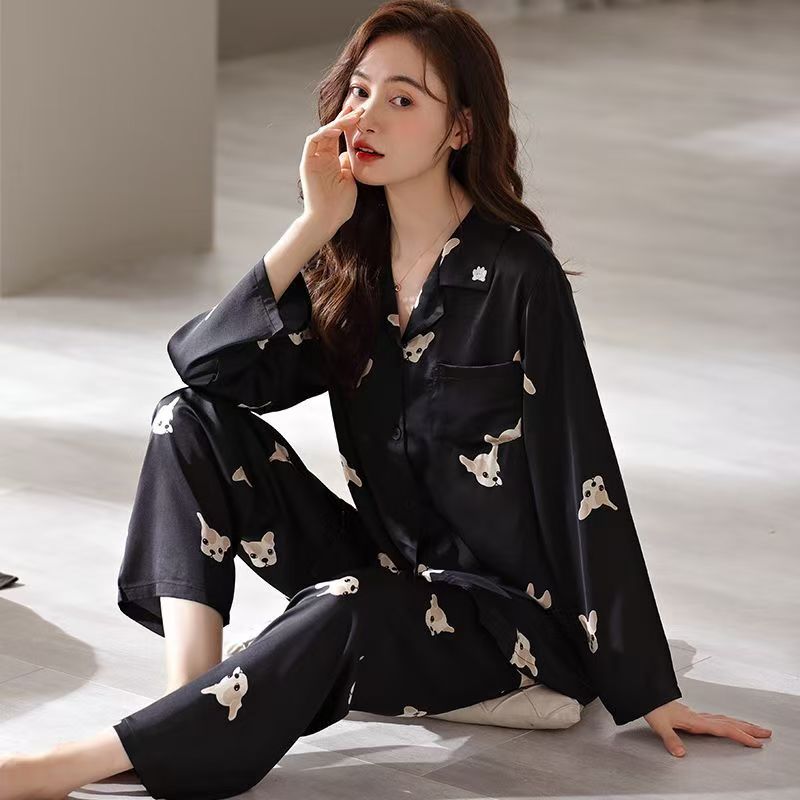 Long-Sleeve Satin Pajama Set for Women – Spring & Autumn (4) Spring and autumn women’s long-sleeve satin pajama set