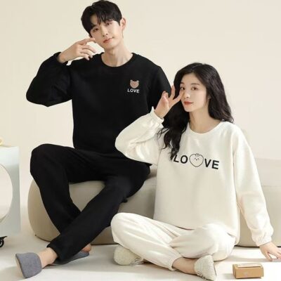 Thick cotton couple pajama set for autumn and winter