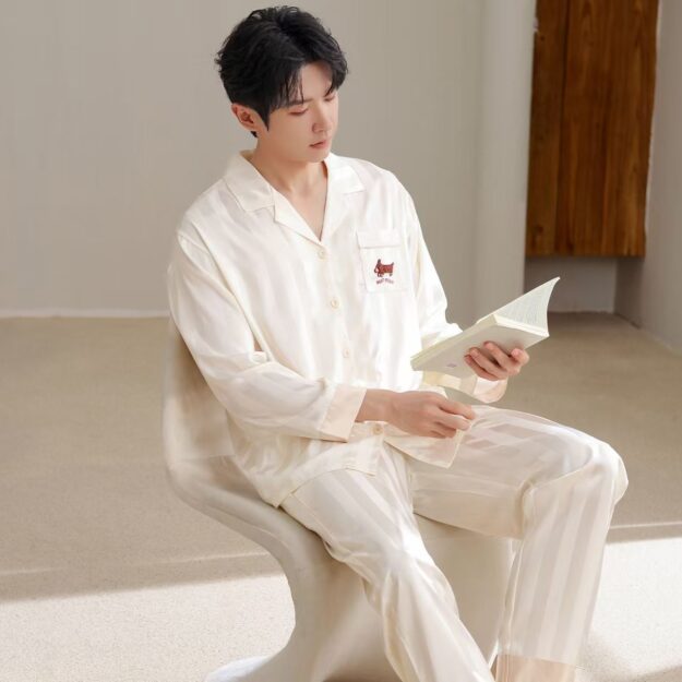 Soft Cardigan Satin Pajama Set for Men – Spring & Autumn (2) Spring autumn soft casual men’s satin pajama set with cardigan