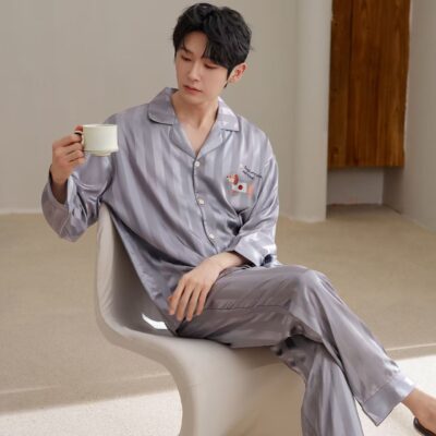 Spring autumn soft casual men’s satin pajama set with cardigan