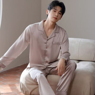 Spring autumn soft casual men’s satin pajama set with cardigan