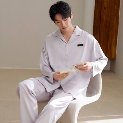Spring autumn soft casual men’s satin pajama set with cardigan