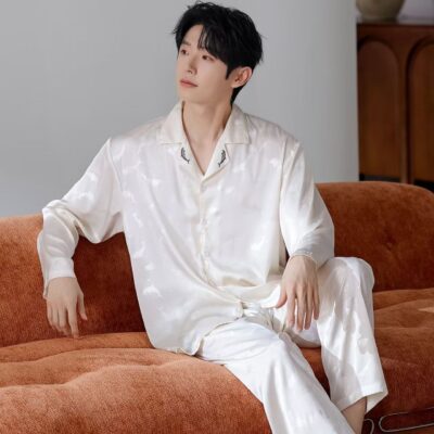 Spring autumn soft casual men’s satin pajama set with cardigan