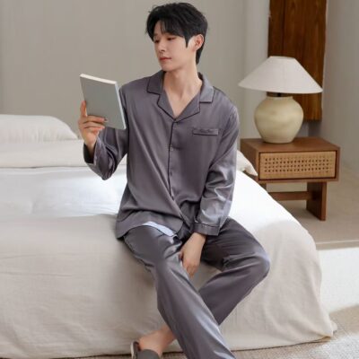 Spring autumn soft casual men’s satin pajama set with cardigan