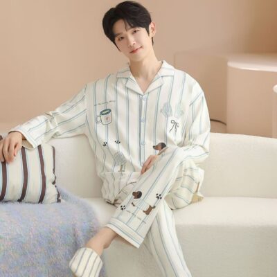 Loose-fit men’s long-sleeve cotton pajama set for spring and autumn