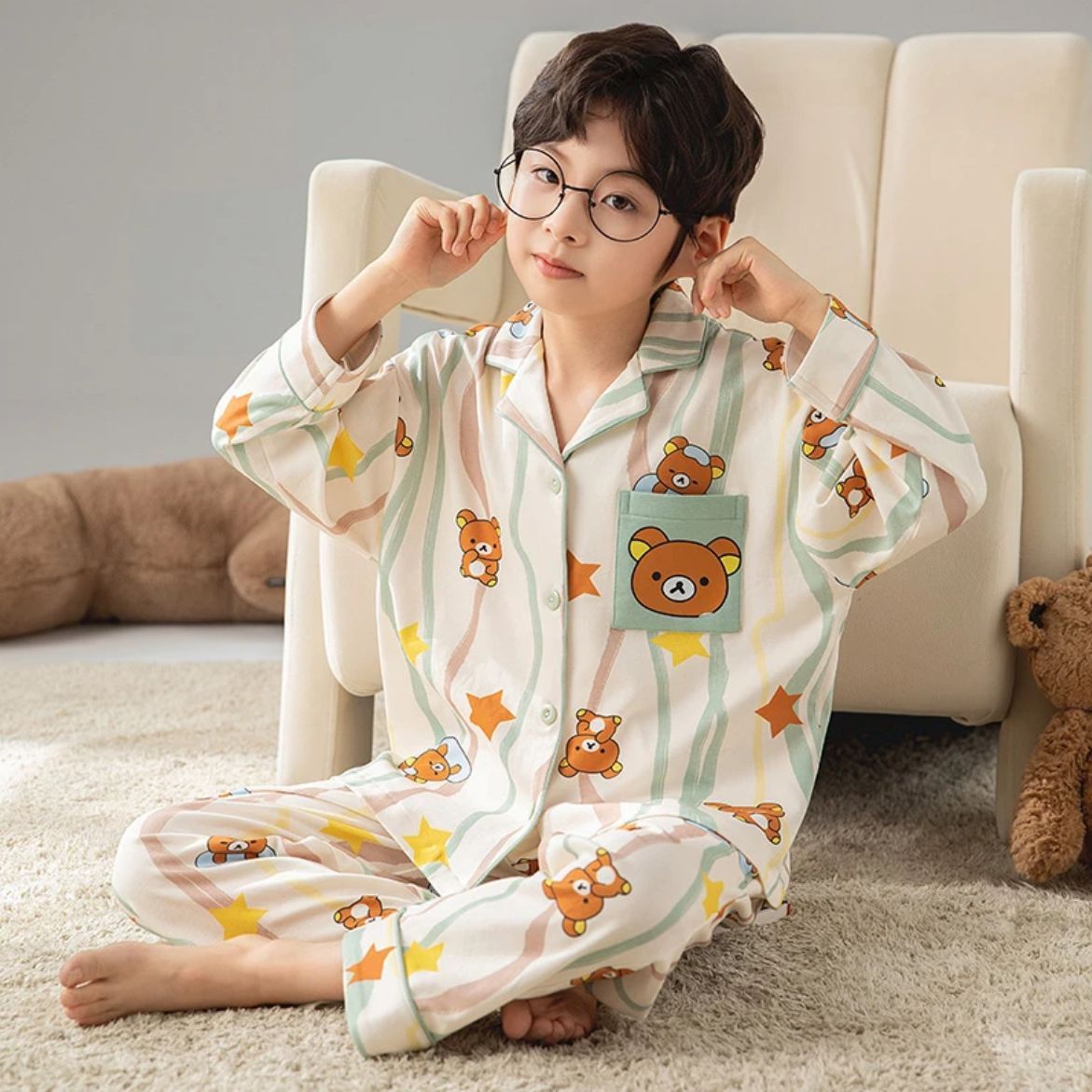 Spring autumn cartoon loose cardigan boys cotton pajama set