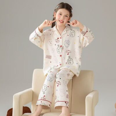 Long sleeve cartoon cardigan girls cotton pajama set