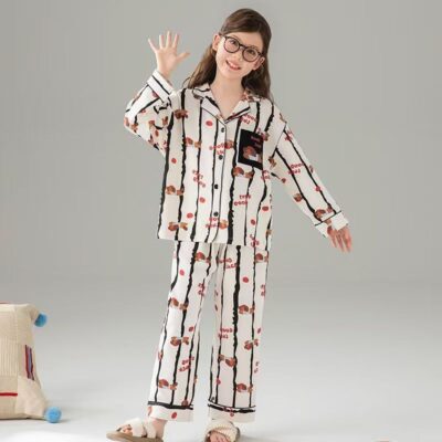 Long sleeve cartoon cardigan girls cotton pajama set