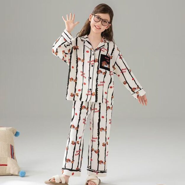 Long sleeve cartoon cardigan girls cotton pajama set