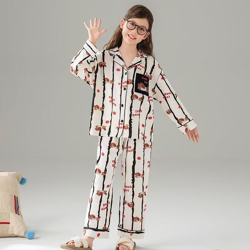 Long sleeve cartoon cardigan girls cotton pajama set