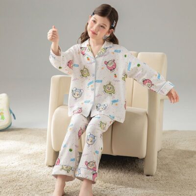 Long sleeve cartoon cardigan girls cotton pajama set