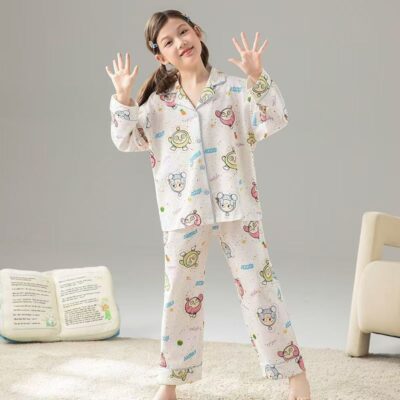 Long sleeve cartoon cardigan girls cotton pajama set