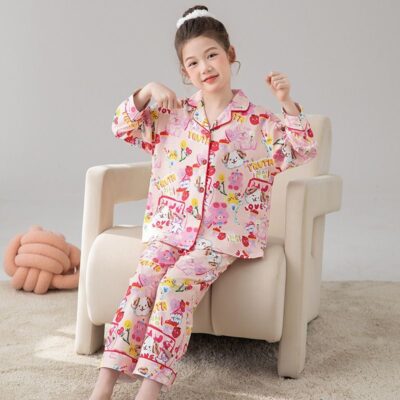 Long sleeve cartoon cardigan girls cotton pajama set