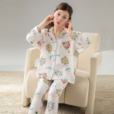 Long sleeve cartoon cardigan girls cotton pajama set