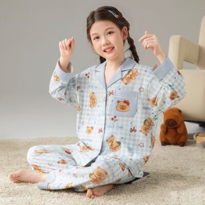Long sleeve cartoon cardigan girls cotton pajama set