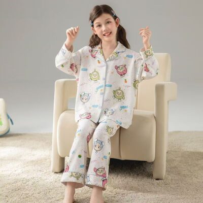 Long sleeve cartoon cardigan girls cotton pajama set