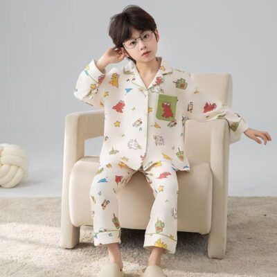 Spring autumn long sleeve cartoon kids cotton pajama set