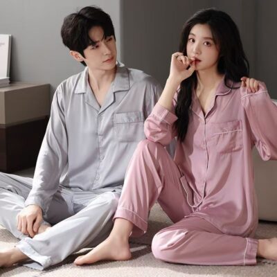 Spring autumn long sleeve cardigan couple satin pajama set