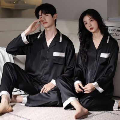 Spring autumn long sleeve cardigan couple satin pajama set