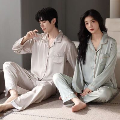 Spring autumn long sleeve cardigan couple satin pajama set