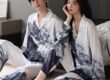 Spring autumn long sleeve cardigan couple satin pajama set