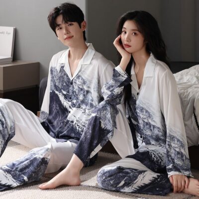 Spring autumn long sleeve cardigan couple satin pajama set