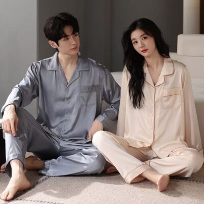 Spring autumn long sleeve cardigan couple satin pajama set