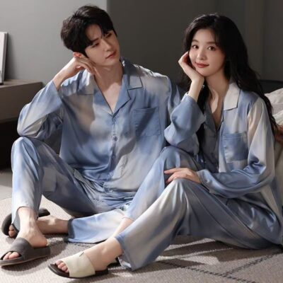 Spring autumn long sleeve cardigan couple satin pajama set