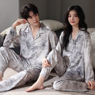 Spring autumn long sleeve cardigan couple satin pajama set