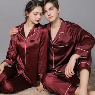 Spring autumn couple silk pajama set homewear